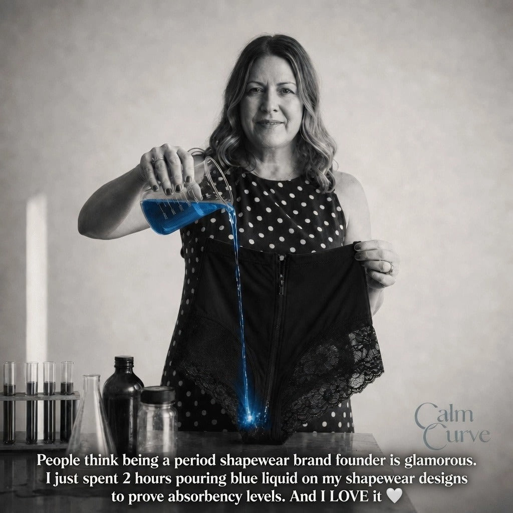 Calm Curve founder Angela pouring blue liquid onto period shapewear to demonstrate absorbency