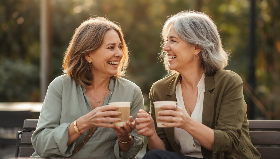 2 australian women aged 40 - 50 discussing menopause with coffee