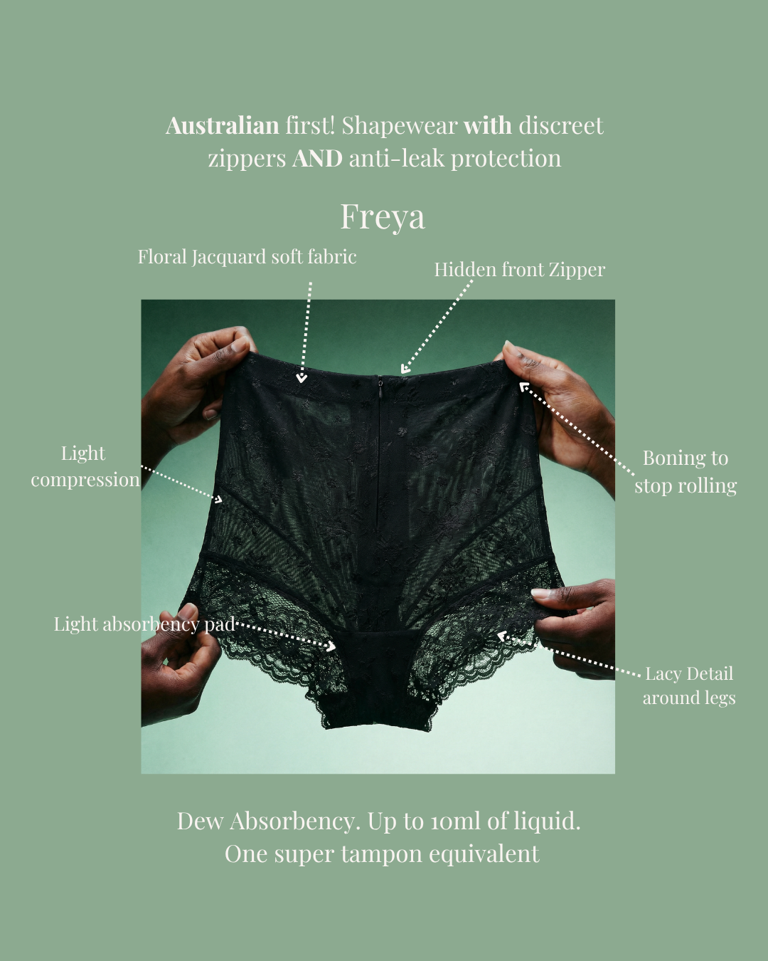 Period and incontinence absorbent shapewear features of Freya by Calm Curve for perimenopause