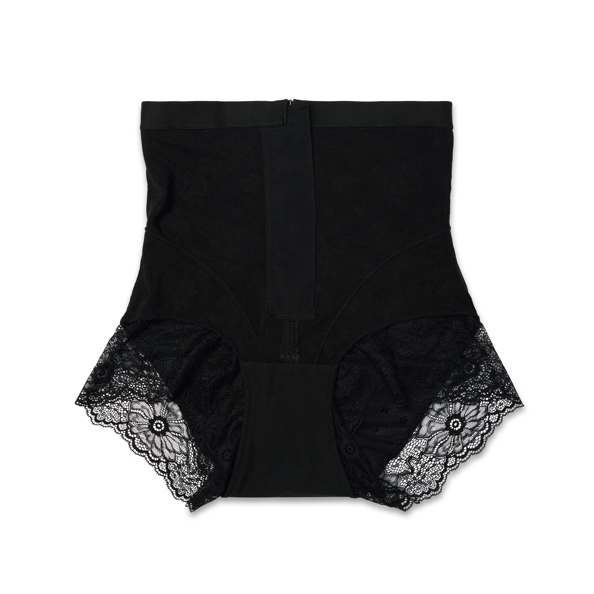 Flat lay of inside of period proof shapewear showing the zipper coverage and inside period pad for perimenopause