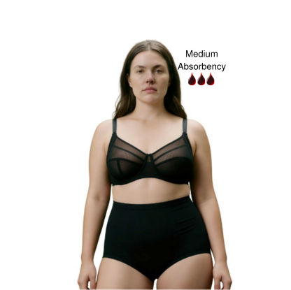 Woman wearing period absorbency shapewear. Calm curve, period proof